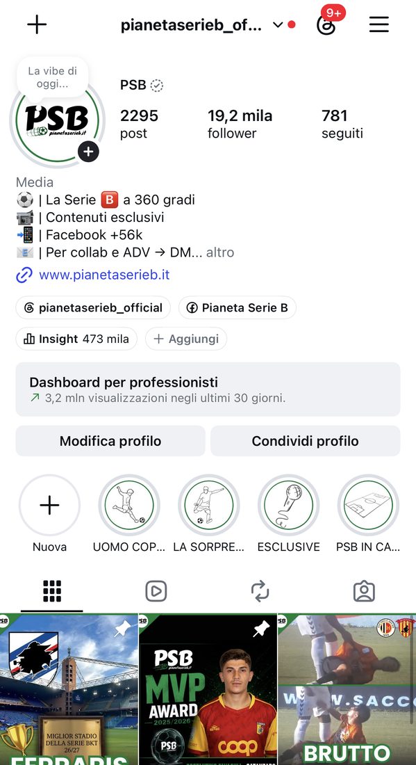 Schermata del profilo Instagram di Pianeta Serie B con i dati di follower e visualizzazioni