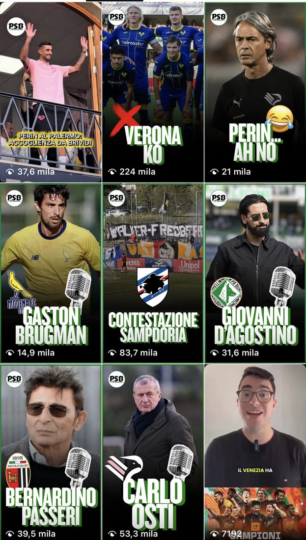 Griglia di reel pubblicati sul profilo, ciascuno con il proprio conteggio di visualizzazioni